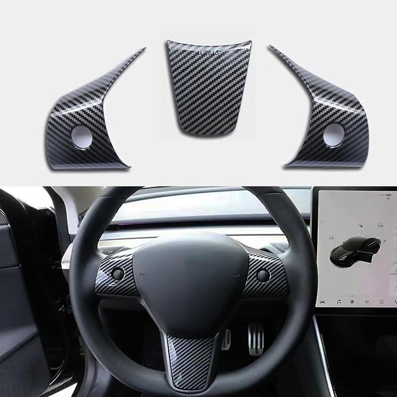 Capa de acabamento do volante em ABS com padrão de fibra de carbono brilhante para Tesla Model 3 e Model Y, 3 peças