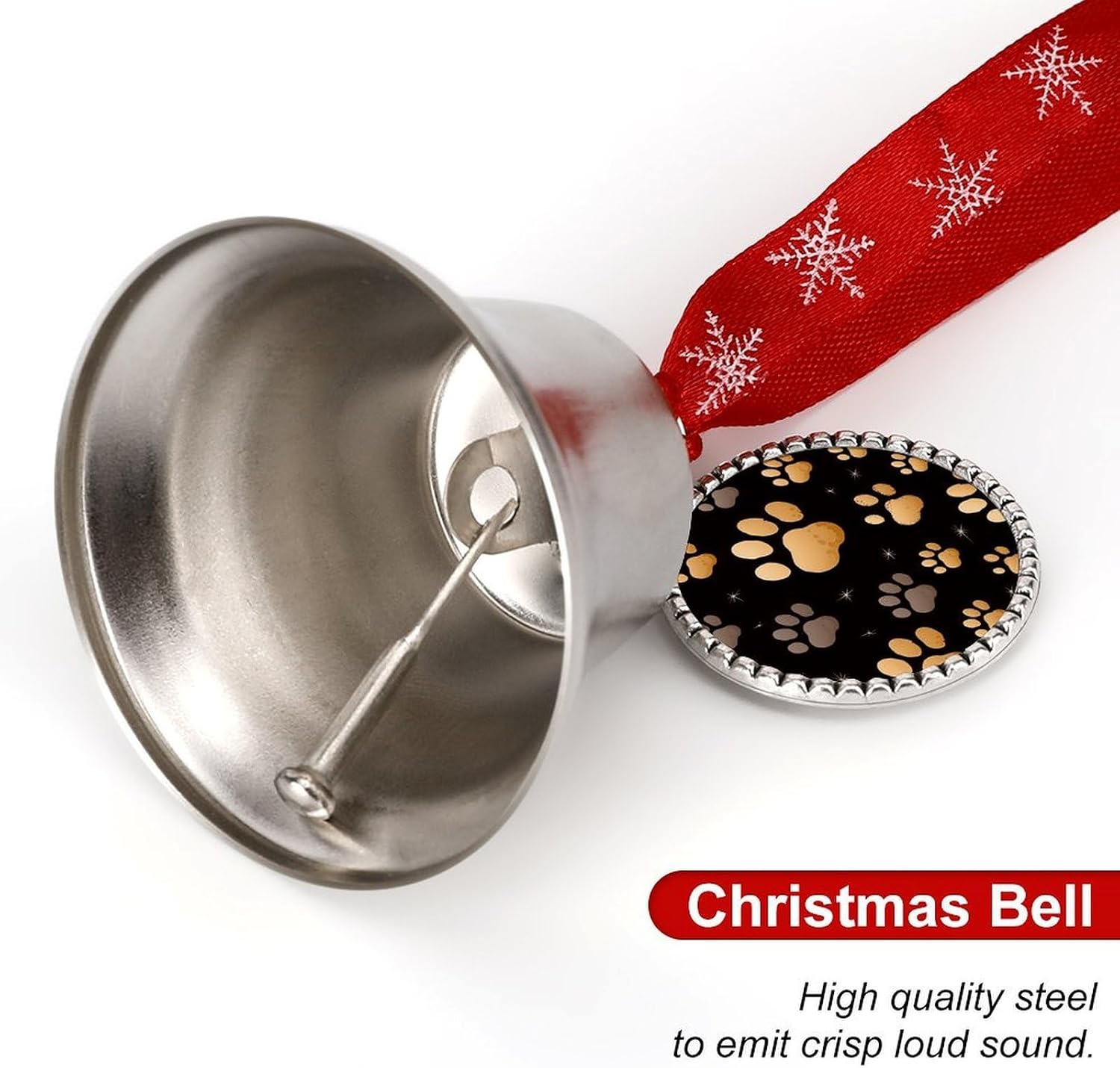 Dog Paw Print Bell Ornament Red Ribbon for Christmas Tree Holiday Decoration Personality Believe Bell Ornaments Sleigh Bells for Winter New Year Party Supplies