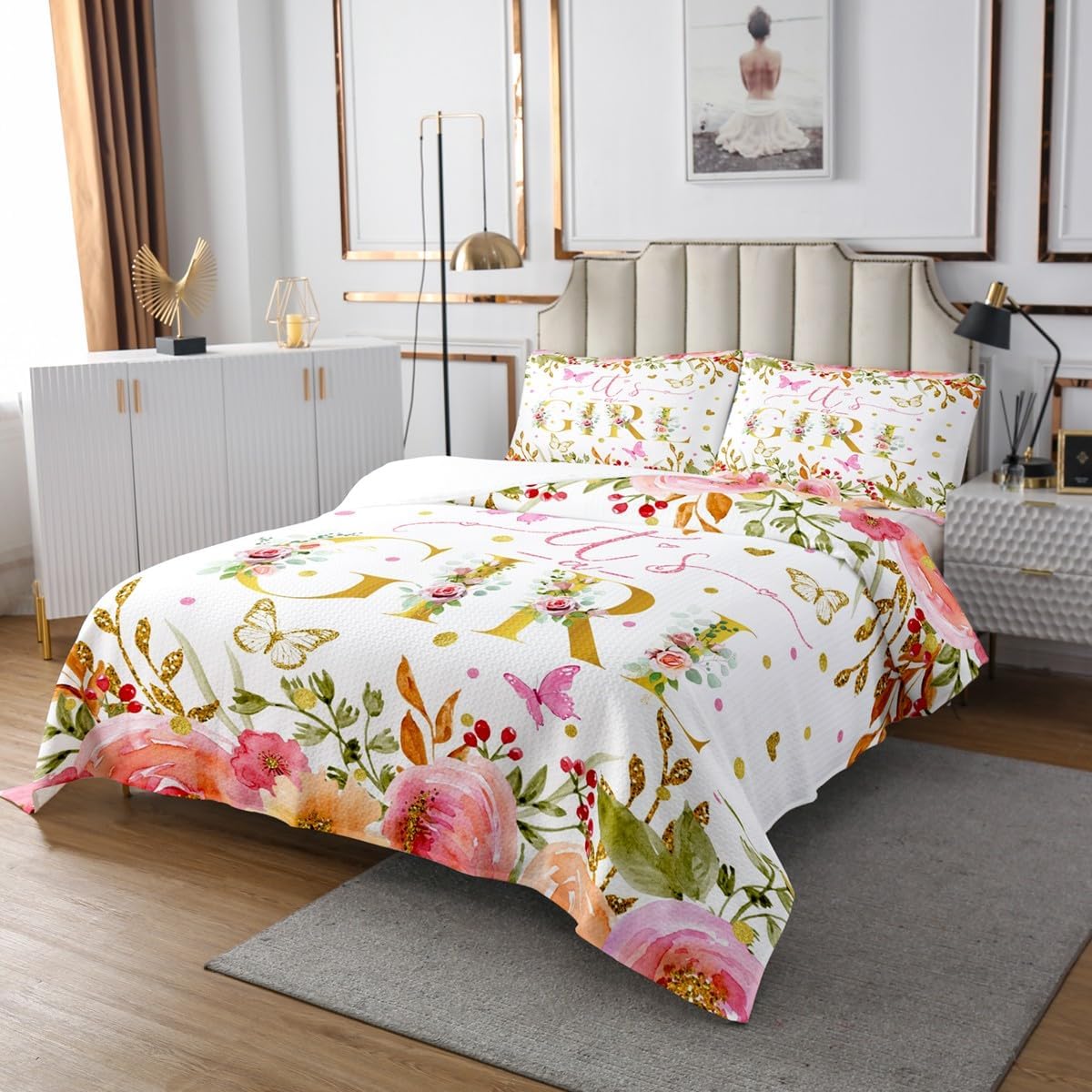 3 Piece Magical Girl Quilt Bedding Set Women Aldult Lightweight Bedding Flower and Butterfly Bedspread Set Watercolor Art Bedspread Coverlet Soft Microfiber Home Quilt Set for King Bed All Season