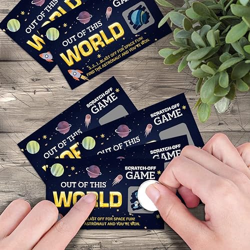 Miniatura 5 de Haizct 50 tarjetas para raspar fuera del mundo, juego de rascar espacial para fiesta de cumpleaños, decoraciones de baby shower, rafa de cohete,