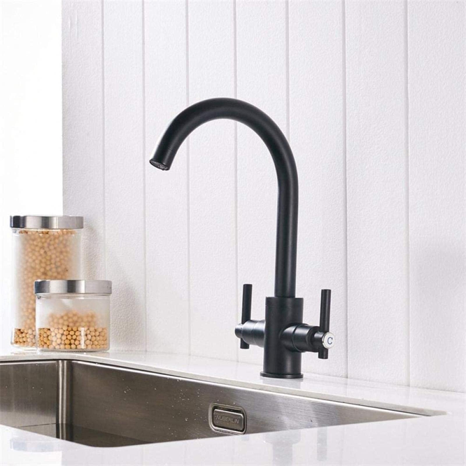 BHFPFZA Black Kitchen Mixer TapDual Handle WallMounted Faucet for Bathroom & Kitchen SinksStylish Round Design Durable & Easy to Install Beige Accents for Modern Decor