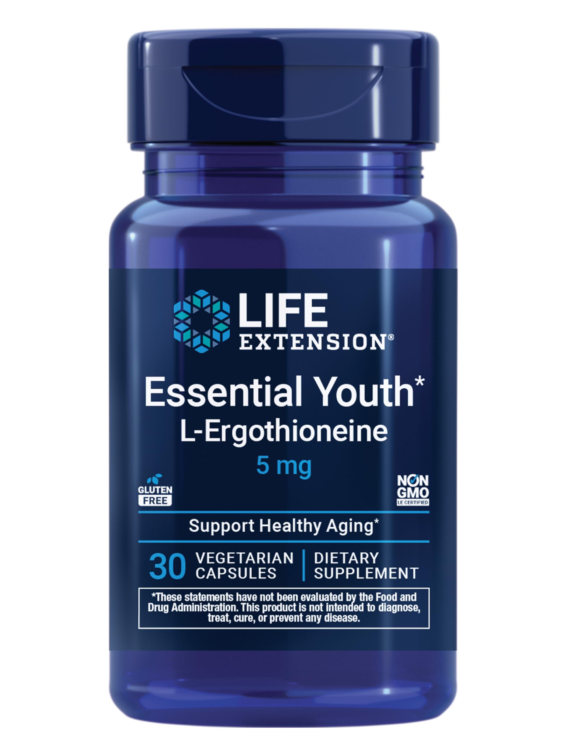 Essential Youth L-Ergothioneine – Promotes Longevity & Healthy Aging – Gluten-Free – Non-GMO – Vegetarian – 5 mg – 30 Vegetarian Capsules