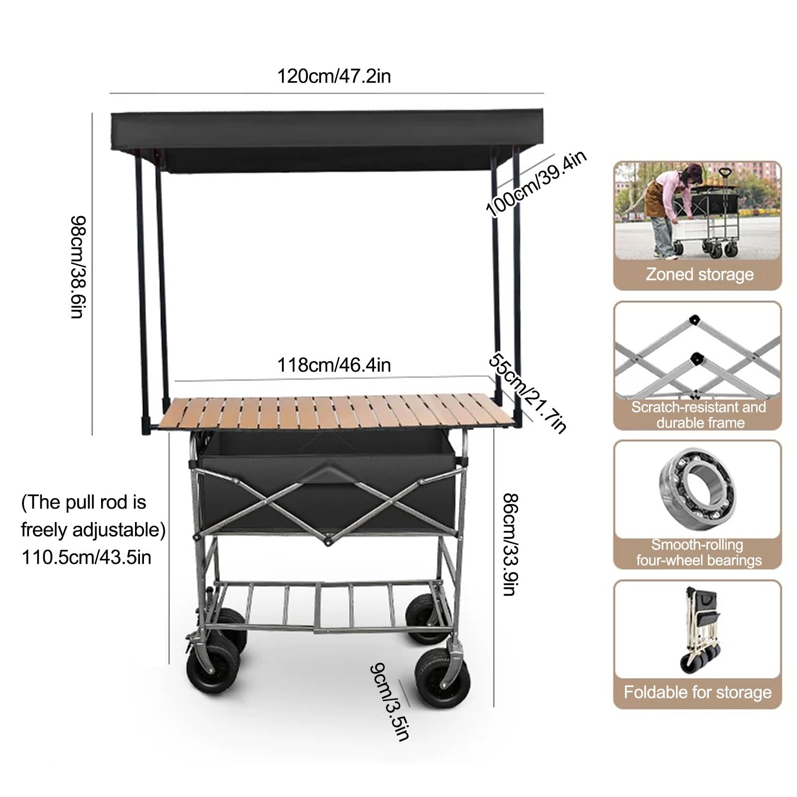 HARELA Carro de Venta Ambulante, Genérico Puesto De Mercado con Toldo, Carrito De Comida Móvil para Puestos Callejeros, Ferias De Artesanía(Black B)