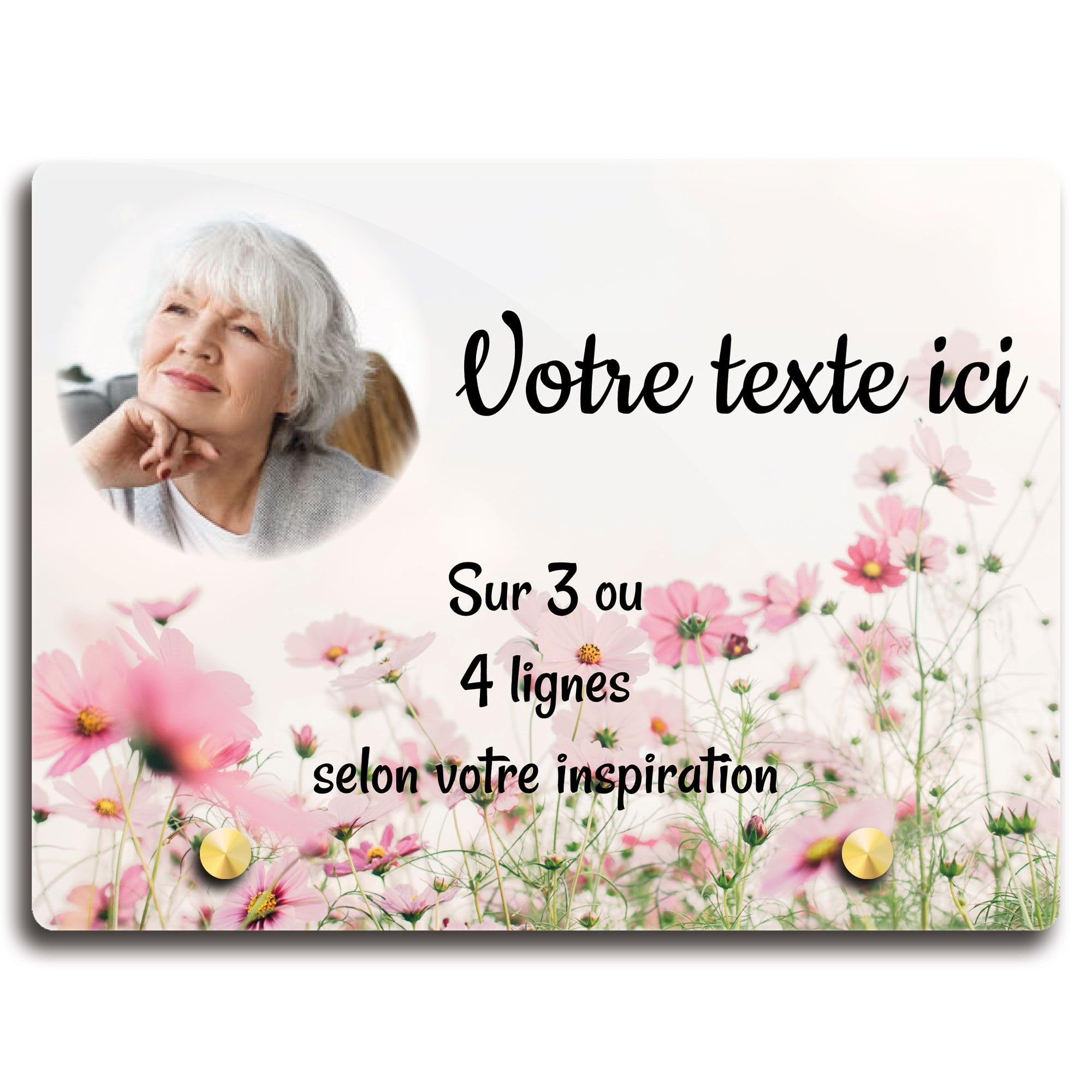 Targa funeraria rettangolare con foto in plessi, personalizzabile con fiori rosa, diverse dimensioni, spessore 6 mm, personalizzata su più righe, 20 x 15 cm