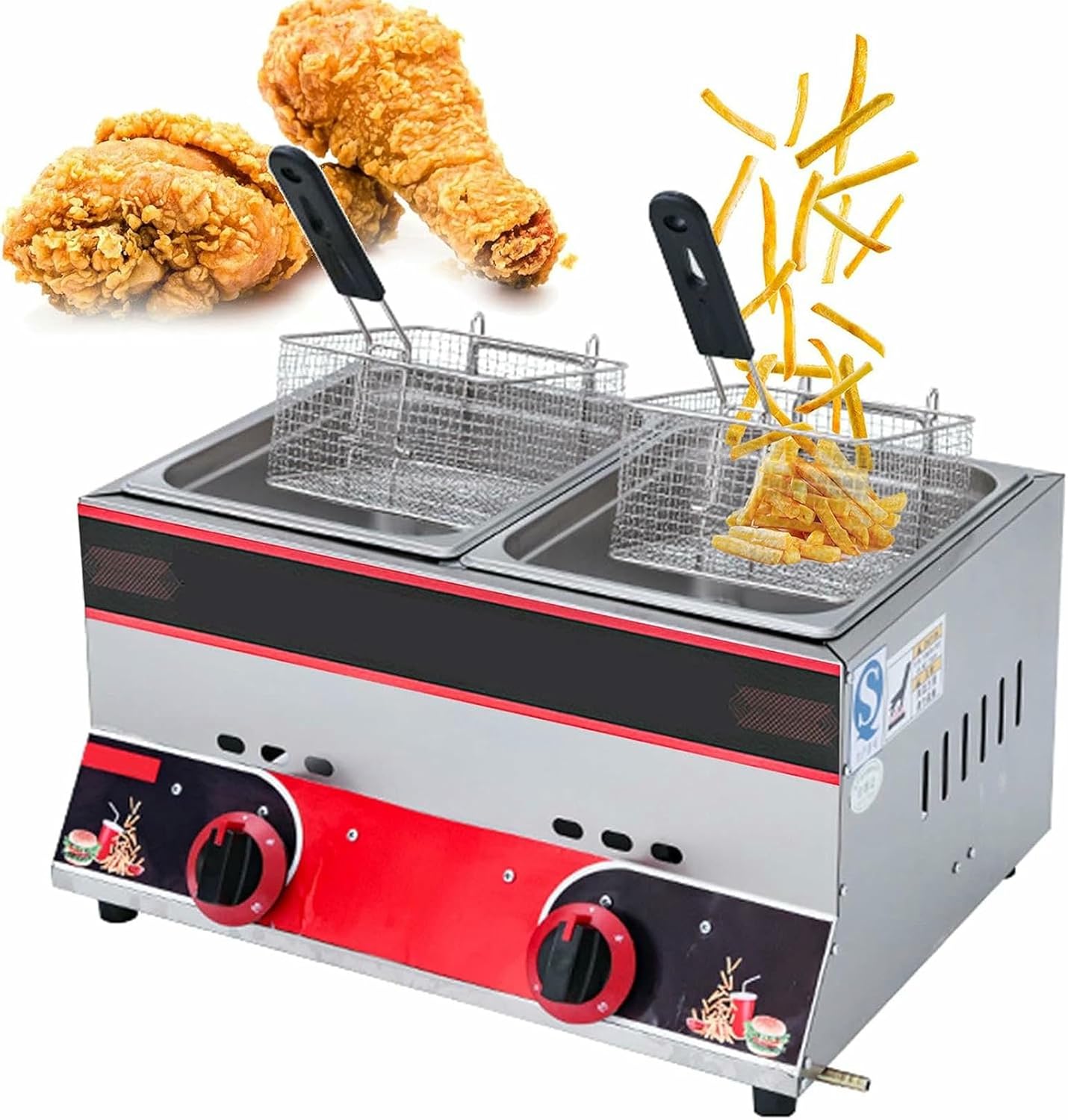 Deep Fryer with Freestanding Temperature Control, Commercial Gas Fryer, 22L Large Capacity Dual Fryer, with Baskets and Lid