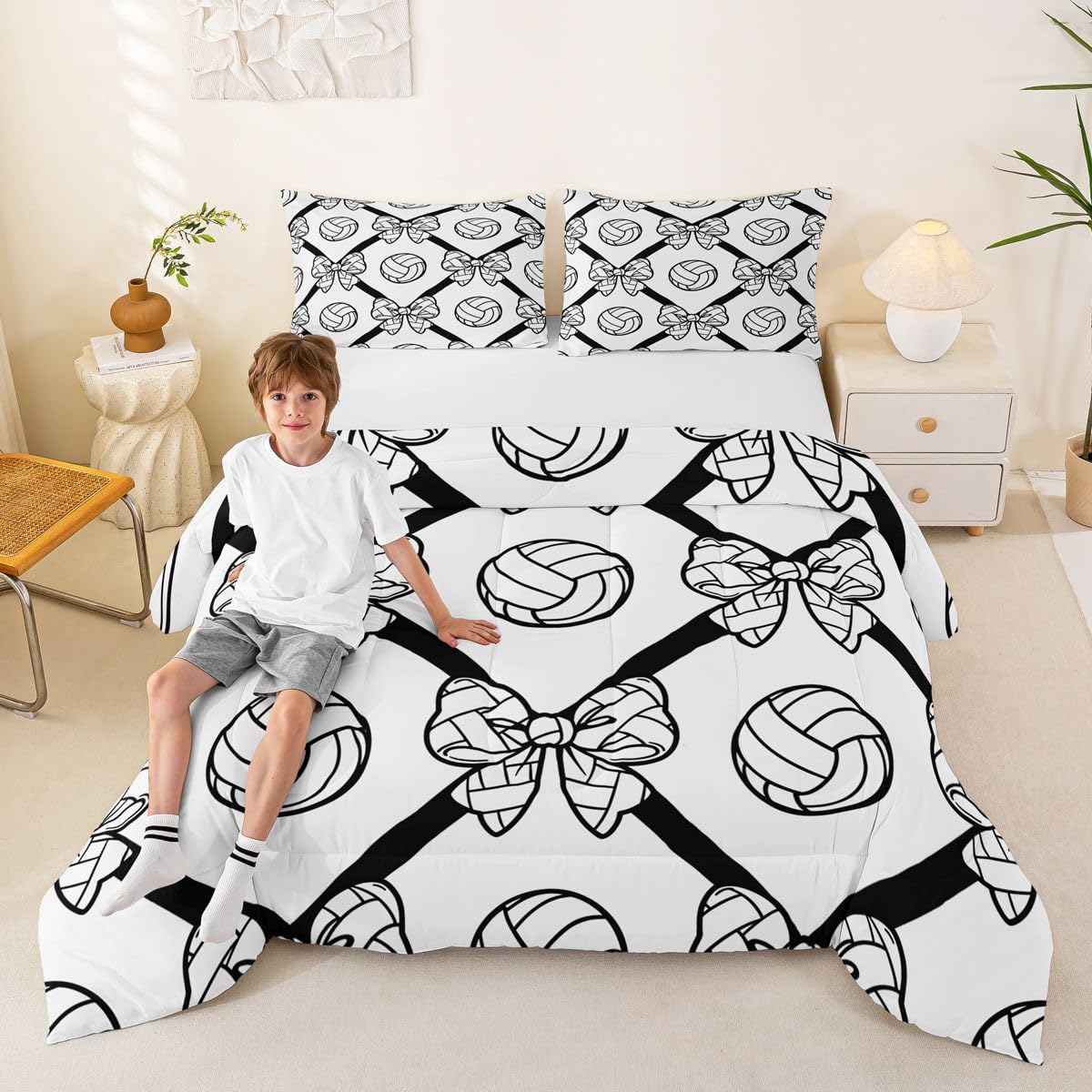 Homewish Podwójne zestawy pościeli do siatkówki - estetyczna kokarda zestaw kołdry piłka sportowa kołdra zestaw - diamentowa krata wzór geometryczna kratka bez przykrycia kołdra