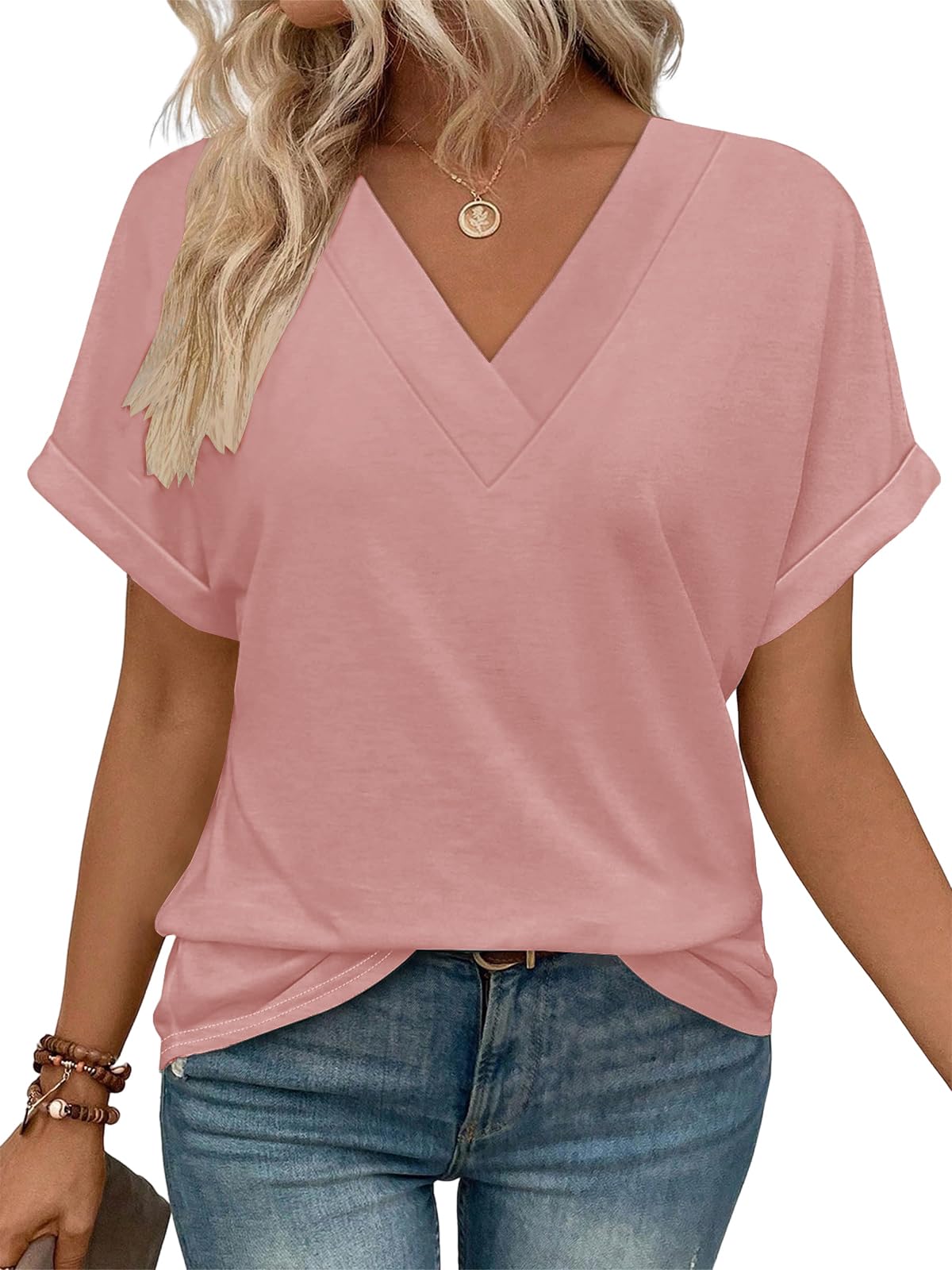 Cuptacc Womens Tops V Neck T Shirts for Women Short Sleeve Solid Color Casual Summer Tee Shirt