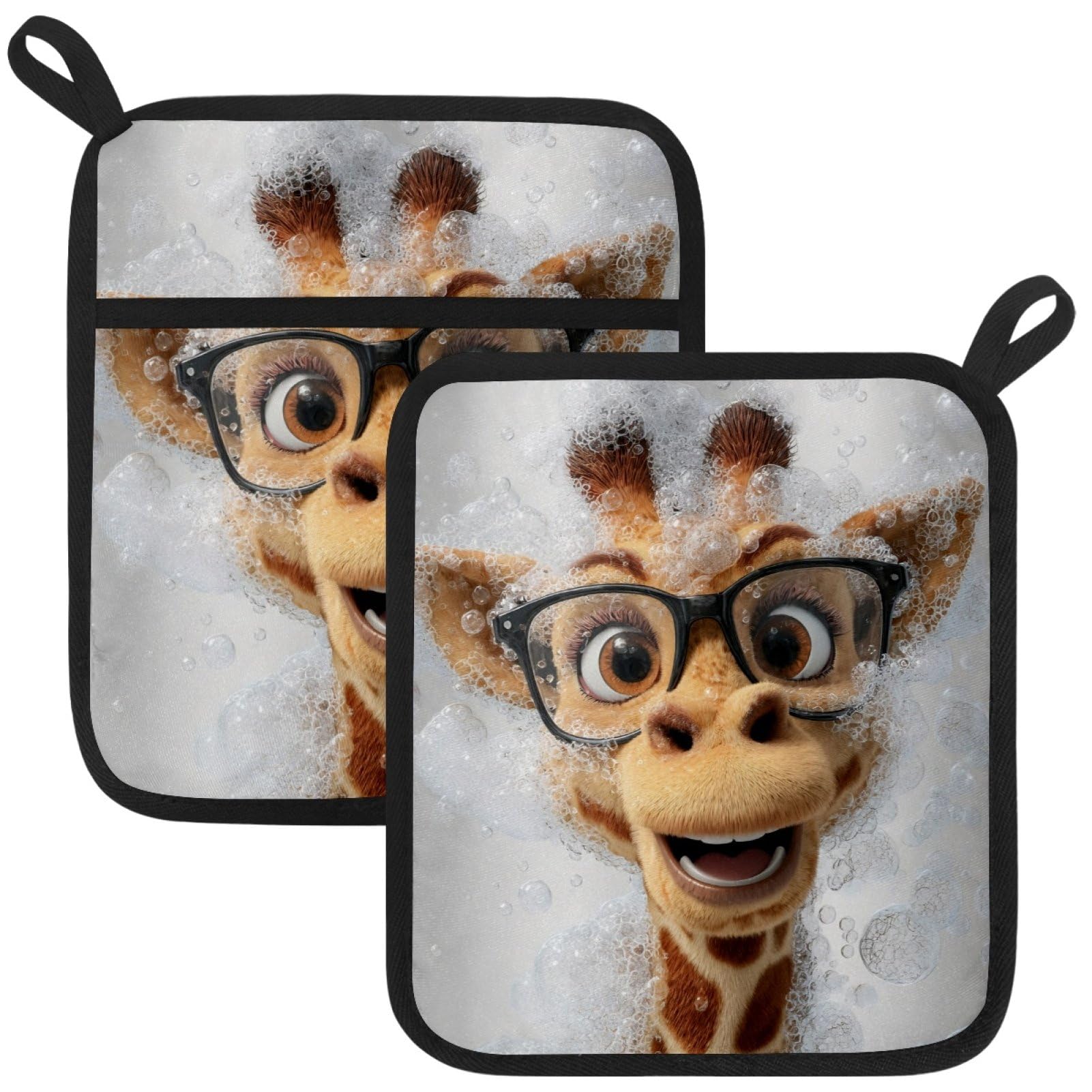 VAPOKF Shower Giraffe Pot Holders with Pocket for Kitchen Heat Resistant Potholders Large Polyester-Cotton Square Oven Mitts Set