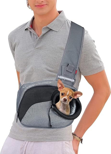 Wakytu Pet Sling Carrier, Hand Free Dog Cat Sling Bag, Breathable Mesh Puppy Carry Bag Small Dog Cat Traverl Carrier Pet Pouch Bag with Pouch and Adjustable Strap for Outdoor Travel