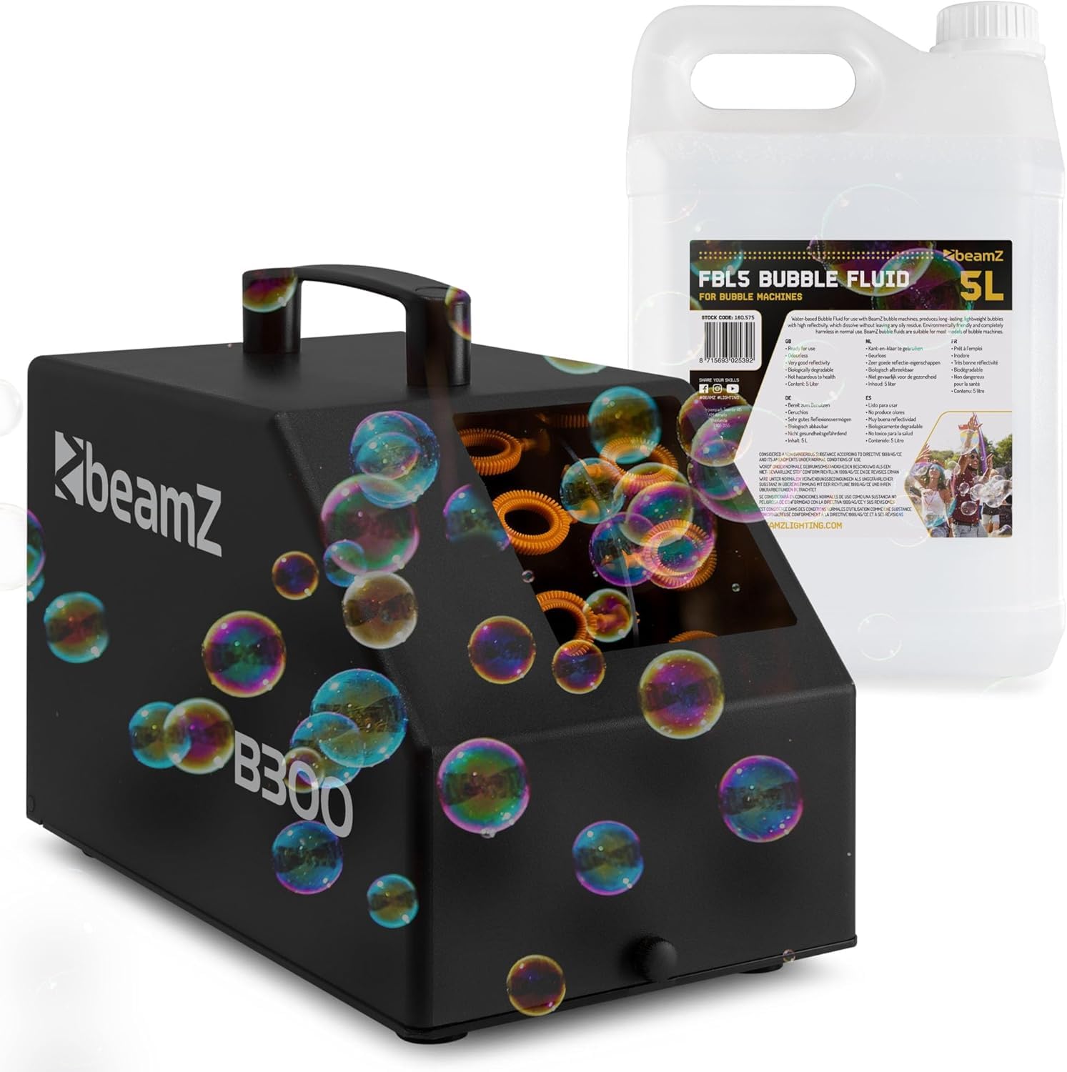 BeamZ B300 Pack Machine à Bulles Enfant/Mariage/Anniversaire avec 5L de Liquide - Double Roue, Facile à Transporter, Télécommande, Réservoir 700mL, Idéale pour Les Fêtes en Extérieur