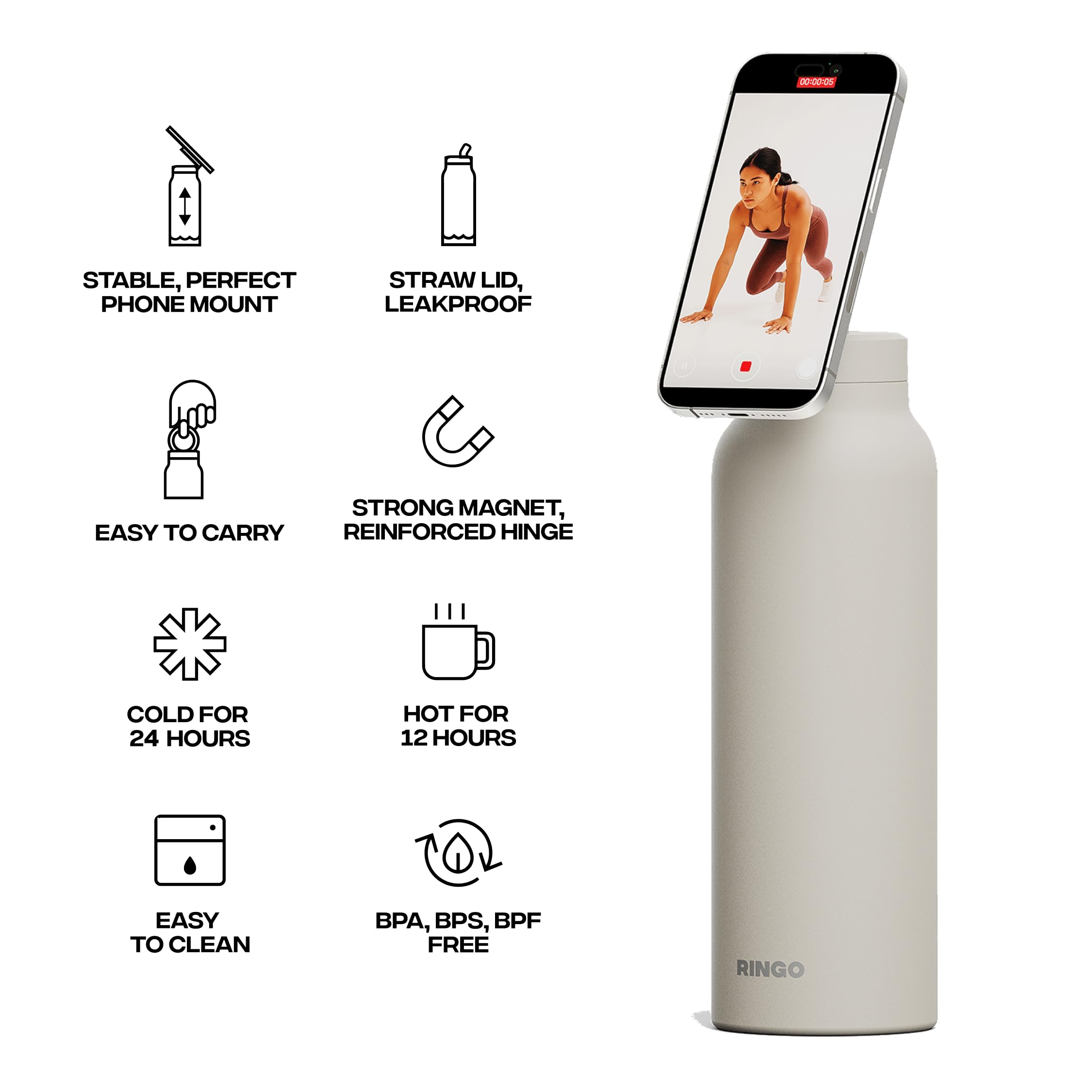 Ringo Pro Trinkflasche aus Edelstahl mit drehbarem Magnethalter für Smartphone, 710 ml, Elfenbein