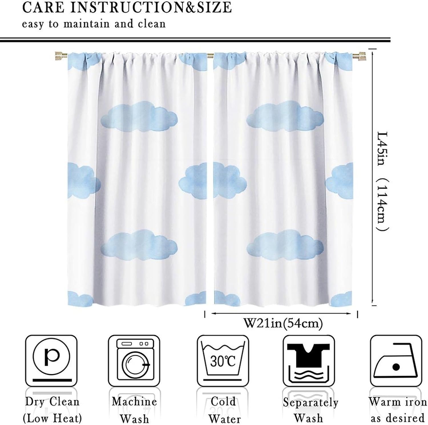 White and Blue Clouds Curtains, Repetitive Cloud Cumulus Simplistic Cartoon Pattern Window Curtains for Kitchen Bedroom Living Room Decor with Rod Pocket 42x45 Inch, Style