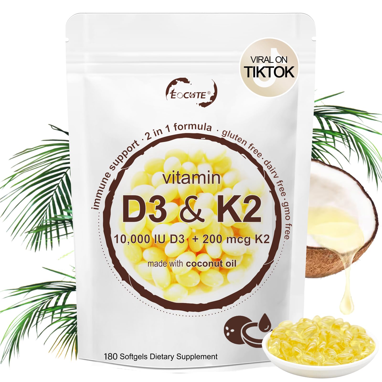 Vitamin D3 10000 iu Plus K2 MK-7 200 mcg, 180 Virgin Coconut Oil Softgels| 2 in 1 Vitamins D & K Complex | Supports Calcium Absorption, Bone, Immune, & Heart Health – Easy to Swallow