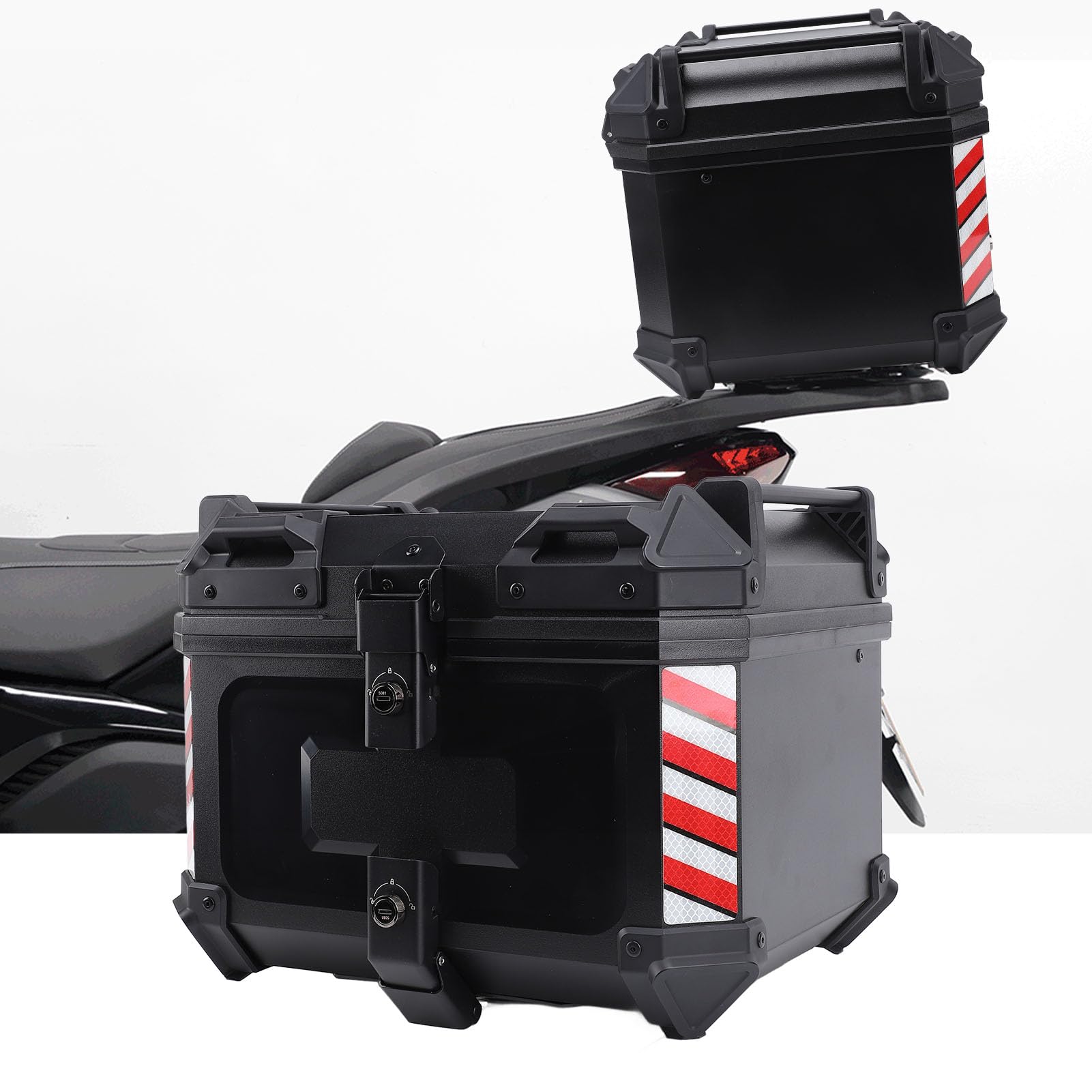 Baúl para Motocicleta, ABS, Estuche Trasero para Motocicleta, 45 L, Impermeable, Almacenamiento con Bloqueo de Liberación Rápida con Pegatinas Reflectantes y Revestimiento Extraíble para