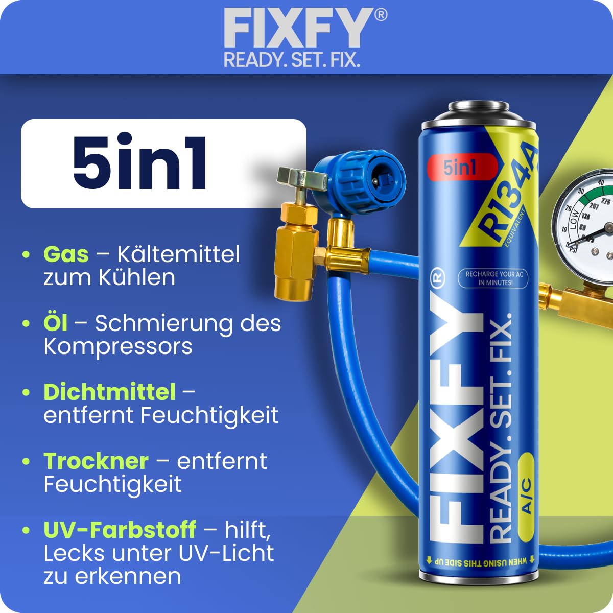 5in1 Kältemittelersatz R134a mit Öl Trockner Dichtmittel Gas UV-Farbstoff 2 x 500 ml Dose Klimaanlage Selbstbefüllen Fahrzeuge 1995-2016