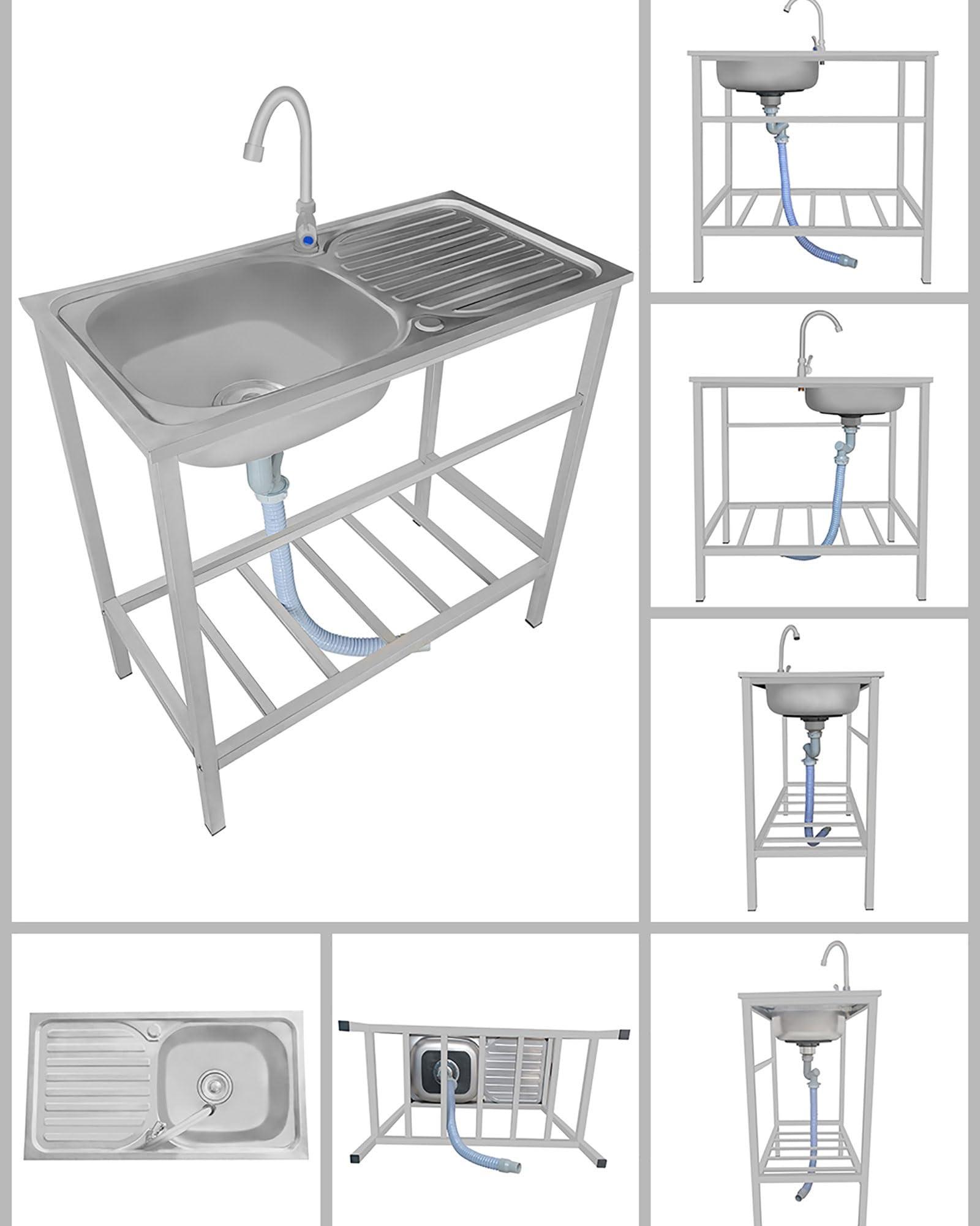 Fregadero Cocina 1 Seno Con Grifo Y Cepillo Esponja Fregadero Industrial Acero Inoxidable Con Banco De Trabajo Y Estantes Fregadero Independiente Fregadero Exterior Jardin Para Lavadero Garaje(75cmX45