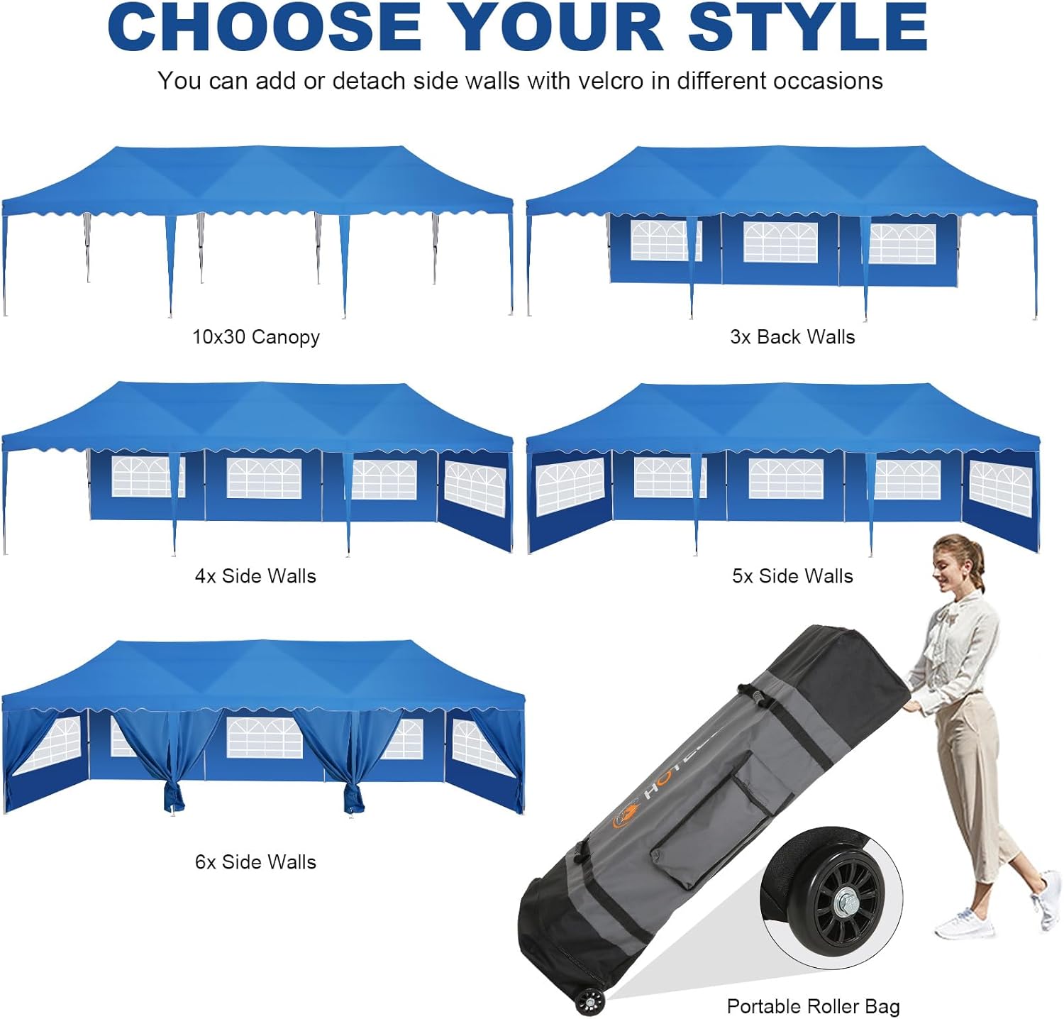 HOTEEL 10x30 Party Tent Canopy Tent with Walls, Waterproof Pop Up Canopy Tent for Parties with Sandbags, Roller Bag, High Roof, Outdoor Easy Setup Wedding Tent for Backyard, Events, Camping, Blue