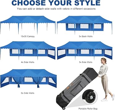 HOTEEL 10x30 Party Tent Canopy Tent with Walls, Waterproof Pop Up Canopy Tent for Parties with Sandbags, Roller Bag, High Roof, Outdoor Easy Setup Wedding Tent for Backyard, Events, Camping, Blue