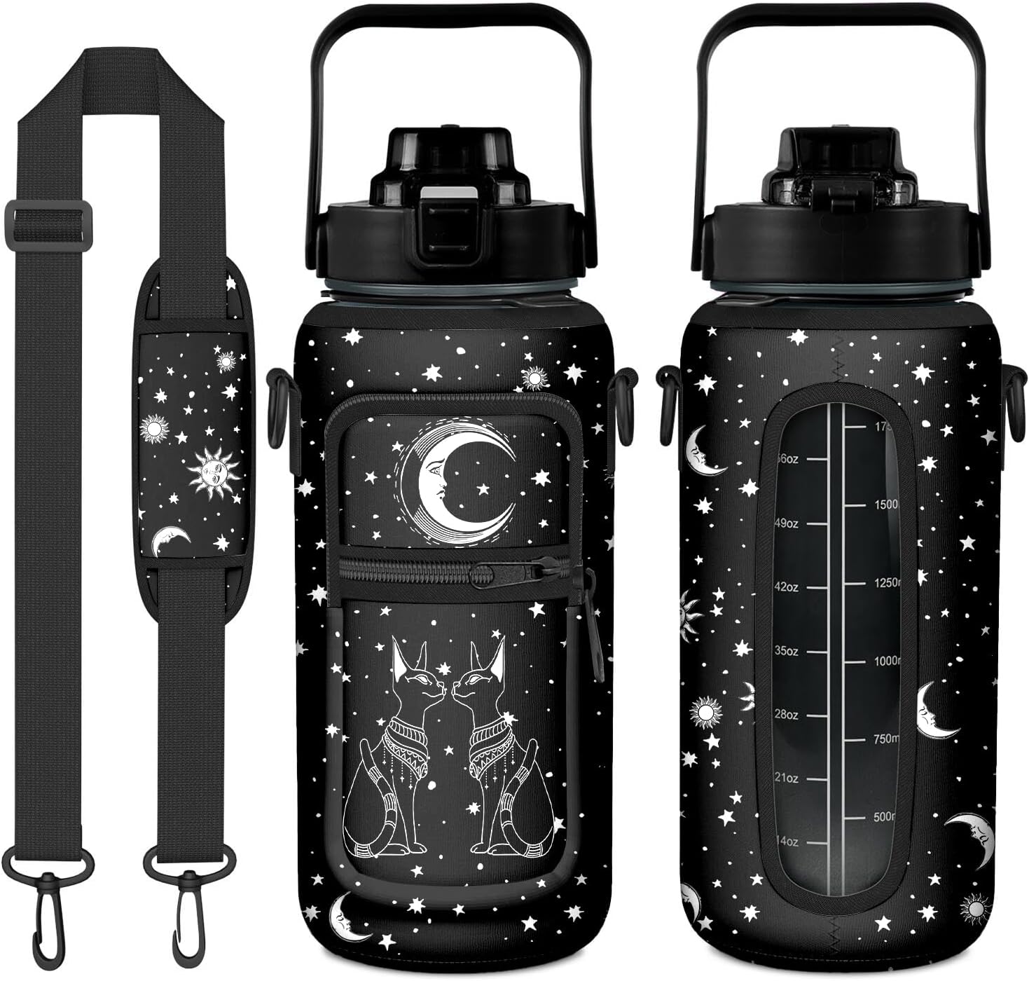 Goth Black Moon Half Gallon Water Bottle with Sleeve -Flip Top Bpa Free 64 OZ – Motivational Time Marker Leakproof Water Jug – Goth Gifts for Women – Halloween Moon for Gifts