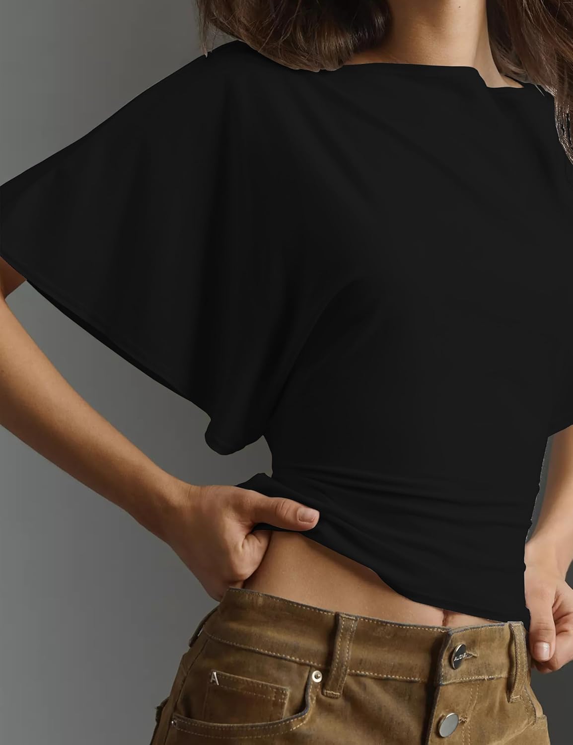 Women's Summer High Stretchy Crop Top Crewneck Dolman Short Sleeve Tee Tie Back Soft Ruched Cinched Waist Workout Shirts - Image 5