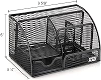 Vista 6 de Organizador de escritorio con cajón, clasificador de malla de alambre de escritorio con 6 compartimentos para bolígrafos, lápices y letras. Negro