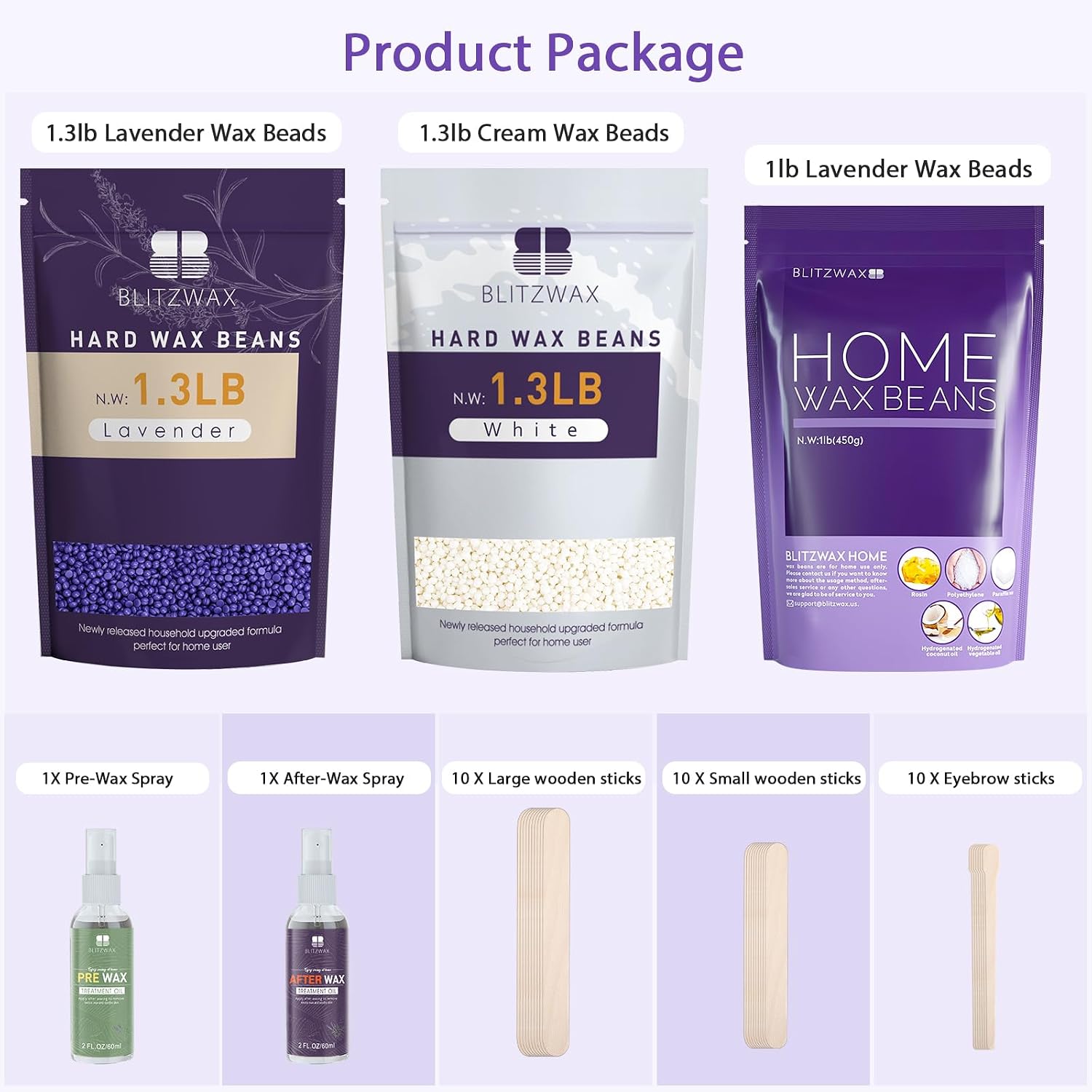 BLITZWAX Hard Wax Beads Kit for Hair Removal, 2.3lbs Lavender and 1.3lbs Cream Hot Waxing Beans for Sensitive Skin, Face, and Brazilian with 30 Waxing Sticks and 2 Wax Oils for Women and Men, 3 Pack