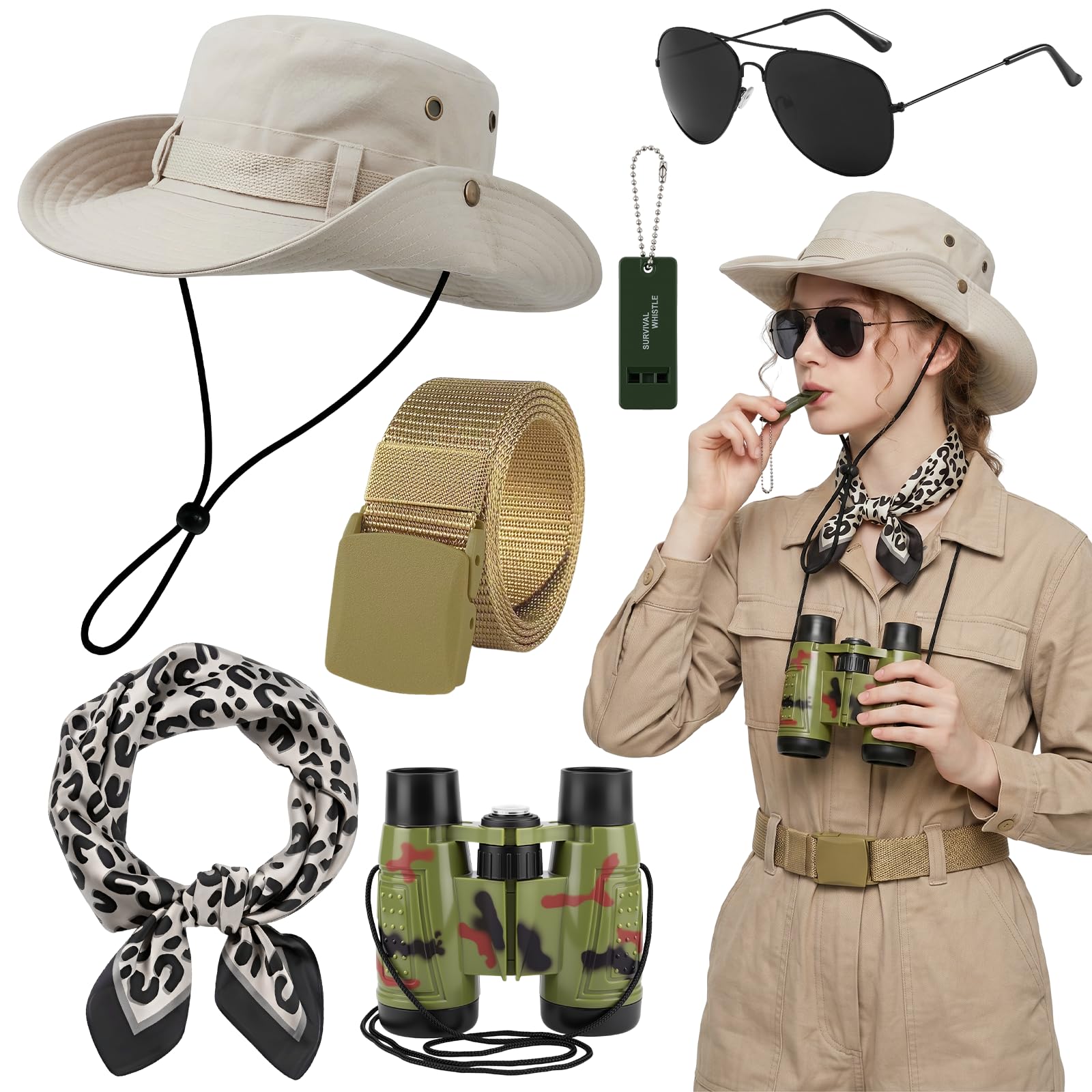 Wynlora 6Pcs Safari Costume Set for Women, Zoo Keeper Costume Accessory with Explorer Hat Scarf Sunglasses Belt Whistle Binoculars for Outdoor Adventures Carnivals Theme Parties Cosplay