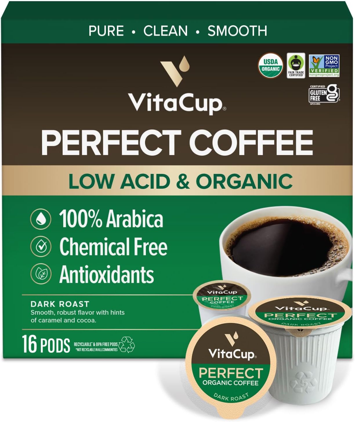 Perfect Low Acid Coffee Pods, USDA Organic & Fair Trade, Mycotoxin Free, Dark Roast Guatemala Single Origin, Clean & Pure Single Serve Pod compatible w/Keurig K-Cup Brewers,16 CT