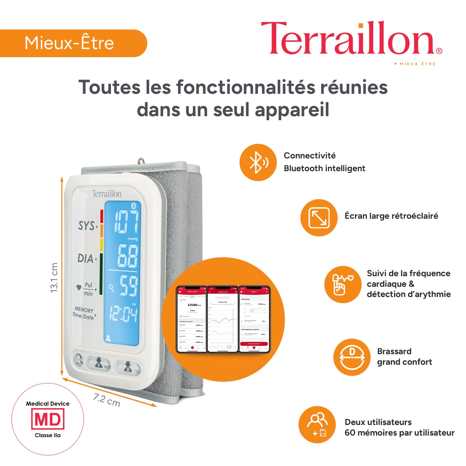 TERRAILLON – TENSIO SMART, Tensiomètre Bras Connecté, Bluetooth, Tension Artérielle, Rythme Cardiaque, Indicateurs couleur, 2 profils, 60 Mémoires, Dim. brassard 22-32cm, Blanc