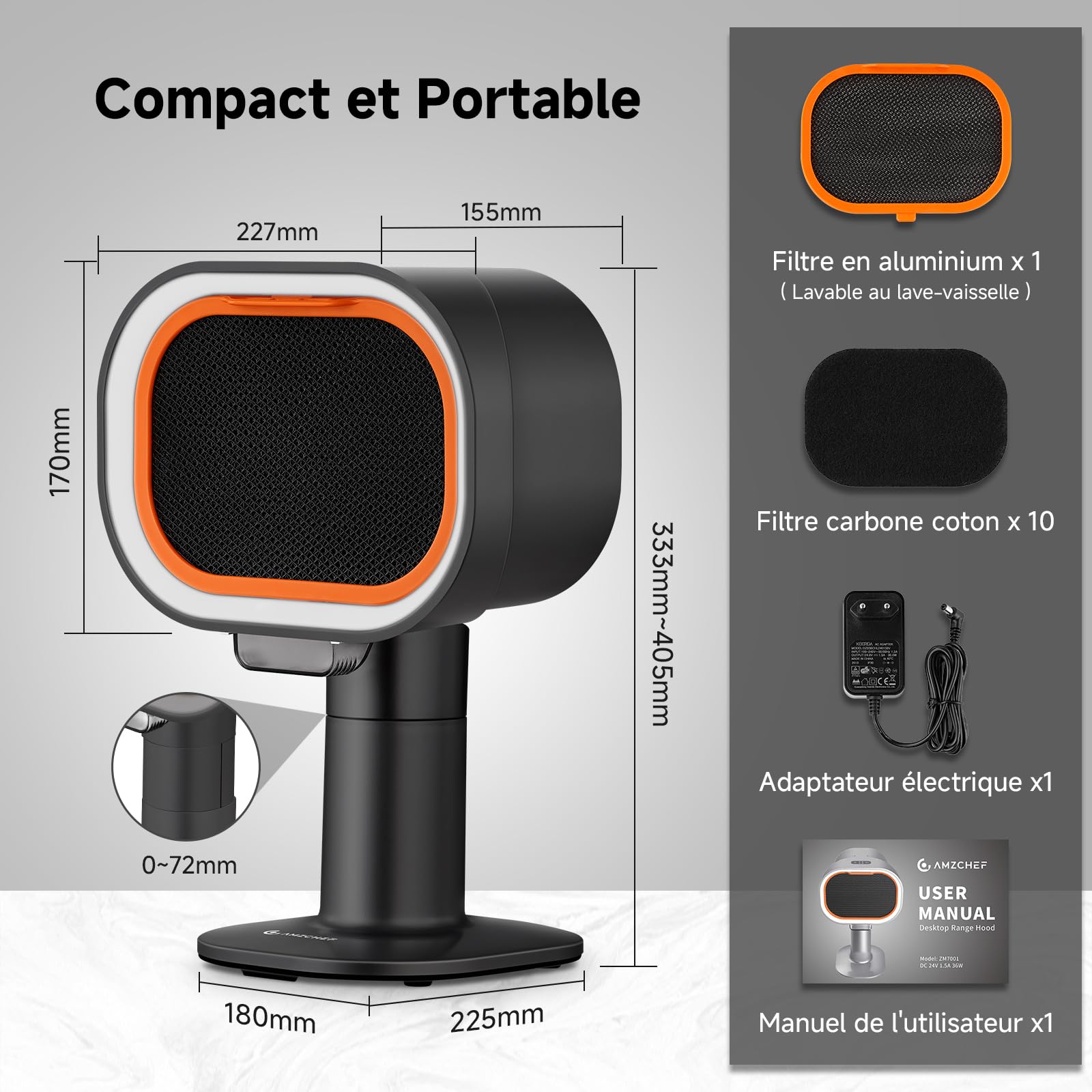 AMZCHEF hotte aspirante portable avec hauteur télescopique et inclinaison à 40°, 4 modes de vitesse, silencieuse, filtre en aluminium de grand calibre pour appartement/BBQ/RV, Noir - 2