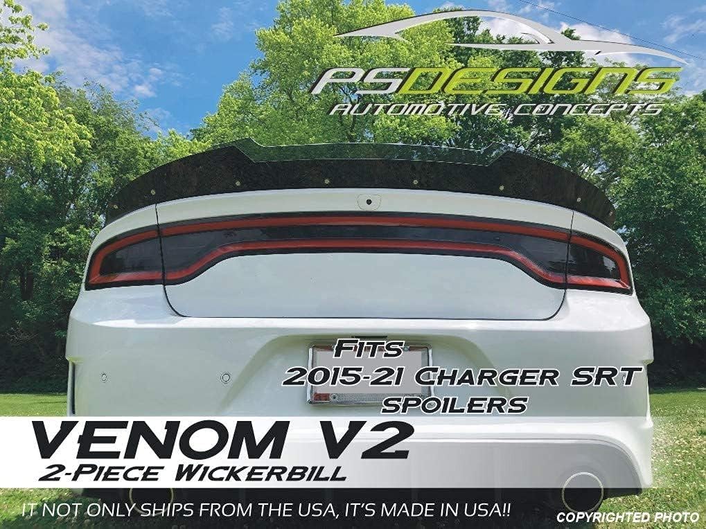PSDesigns - Venom Series PSDesigns V2 Charger 2 Piece Wickerbill Spoiler 2015-2021 SRT Hellcat Scat Pack with RivNut Tool, Gloss Black