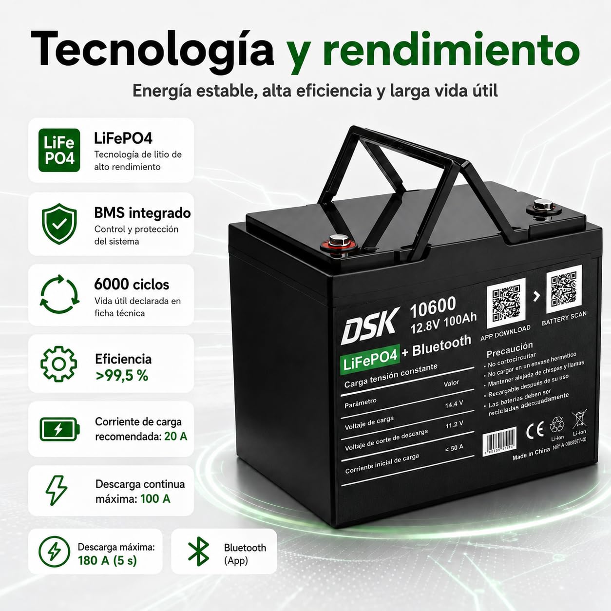 DSK Batería LiFePO4 12V 100Ah con Bluetooth, BMS, pantalla LCD, protección baja temperatura, batería litio 1280 Wh para autocaravana, energía solar, camper, barco, SAI y energía renovable premium