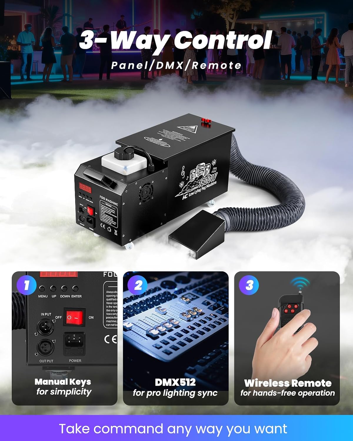 Hanchen Low Lying Fog Machine with 3-way control options: manual, DMX, and wireless remote