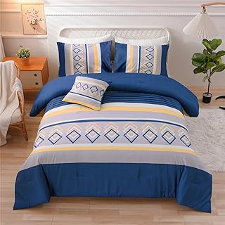 3 Pieces Patchwork Stripe Comforter Set Queen Size,Blue and Yellow Patchwork Striped Comforter Set, All Season Bedding(Yellow Blue,Queen)