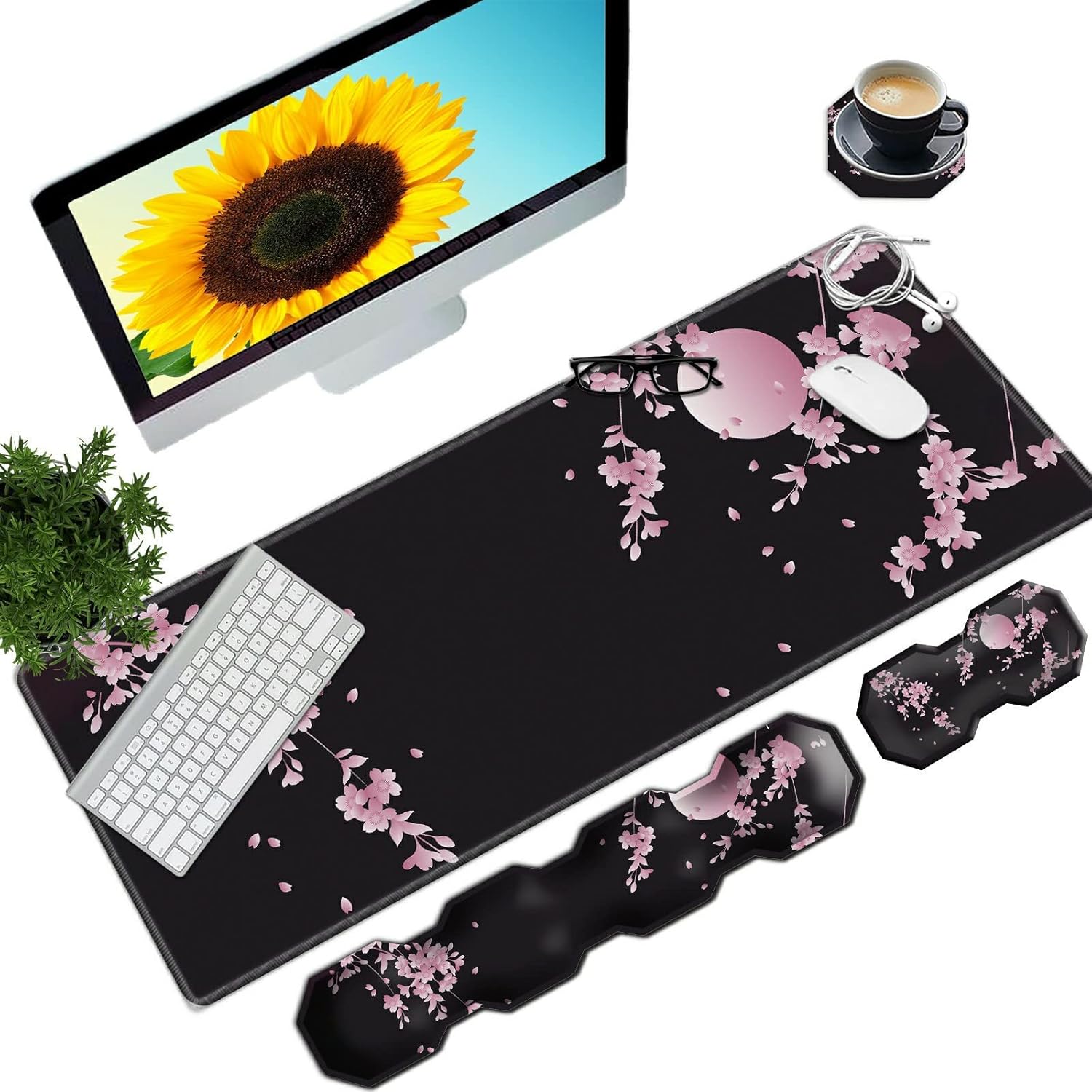Keyboard Mouse Pad Set,Large Mouse Pad + Keyboard Wrist Rest + Mouse Wrist Rest + Coaster,4Pcs(31.5×11.8 in) XL Desk Mat，Ergonomic Memory Foam,Easy Typing Pain Relief,Sakura Cherry Blossom