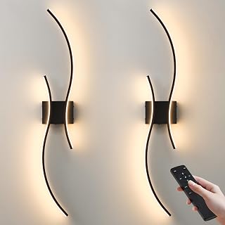 Battery Operated Wall Sconces Set of Two with Remote Control, Stepless Colors 3000K-6000K & Dimming, LED Black Wireless Wall Light for Living Room, Hallway, Bedroom, 39.3 Inch (2 Pack)