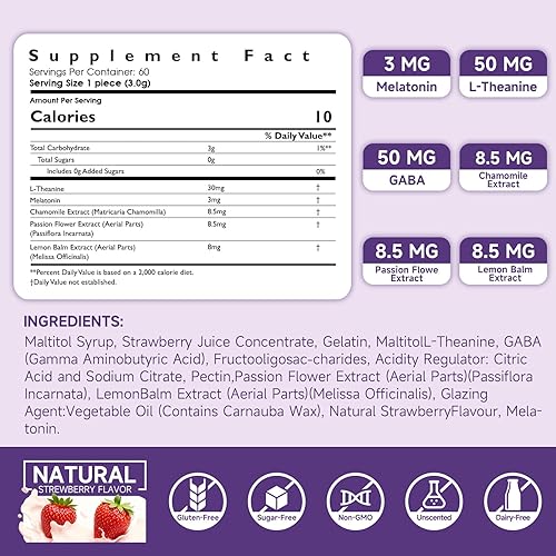 Miniatura 5 de Gomitas de luteína sin azúcar de 5 mg para la salud de los ojos, melatonina de 3 mg para adultos suplemento masticable vegano sin azúcar con goma de