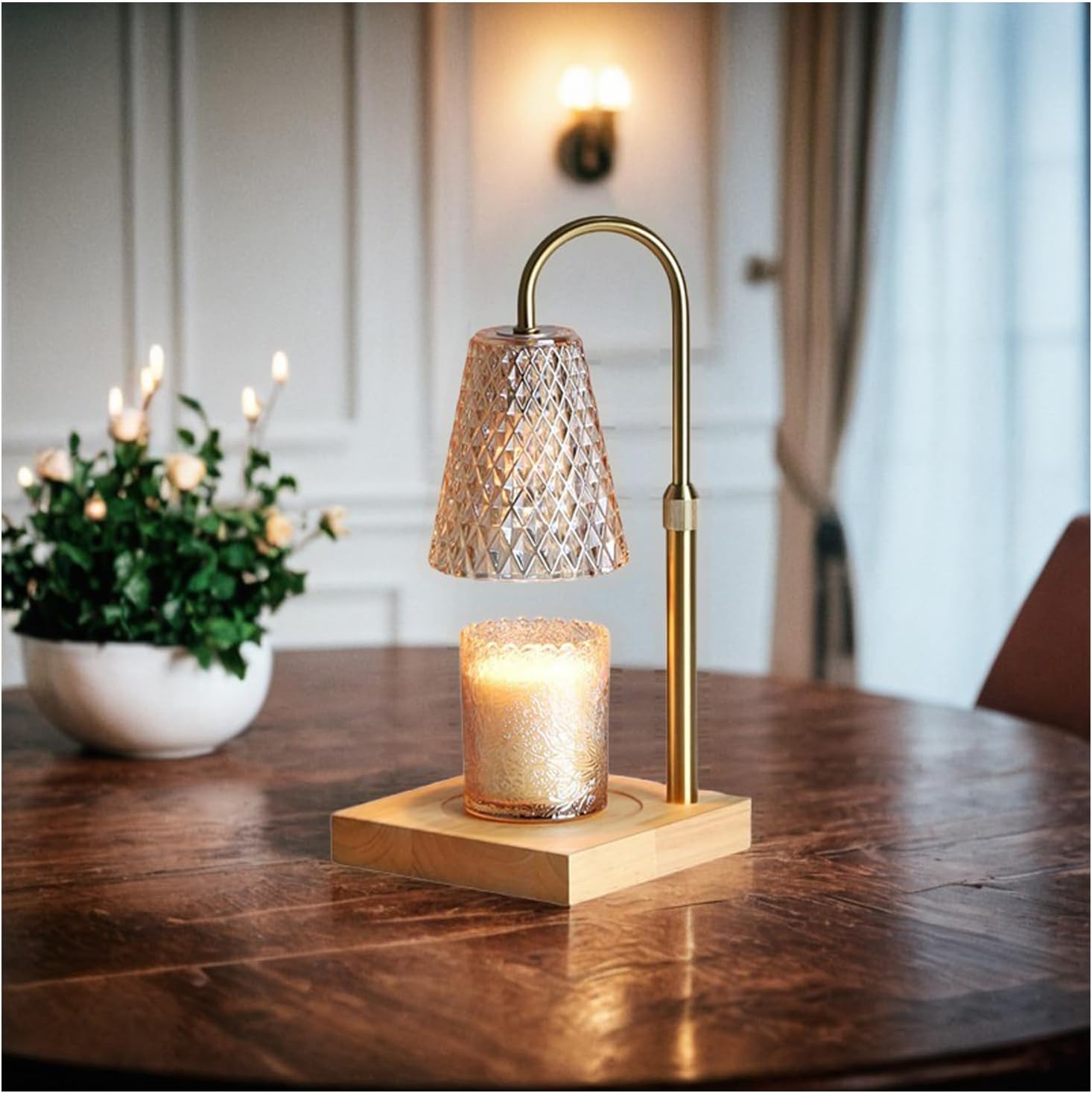 Electric Candle Warmer Lamp with Timer and Dimmer, Wooden Candle Light Warmer 2 Bulbs, Wax Melt Warmer for Scented Candles (Bohemian)