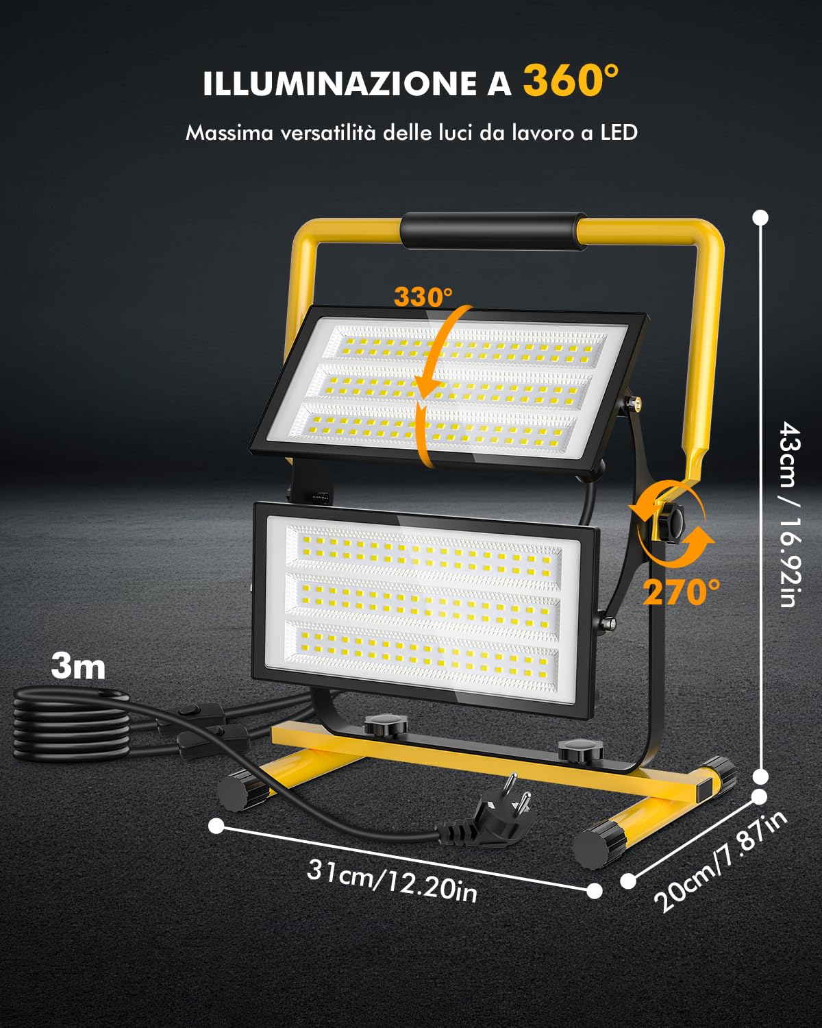 Faretto Led da Cantiere 200W 20000LM Faretti area di lavoro Faro LED Esterno - IP66 Impermeabile Portatile Proiettori con Spina e Staffa, Rotazione 360° Lampada per Edilizia Garage Officina