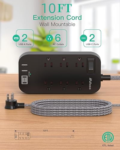 Miniatura 3 de Regleta de alimentación - Cable de extensión de enchufe plano de 10 pies de largo, 6 tomas, 4 puertos USB (2 USB C), extensor de toma, montaje en