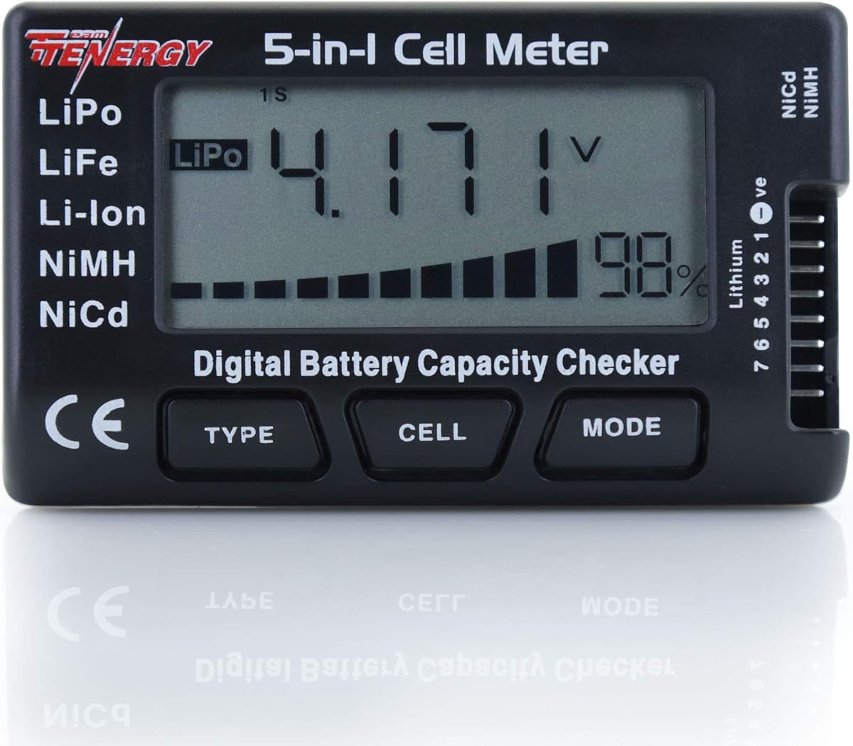 Tenergy 5-in-1 Battery Meter, Intelligent Cell Meter Digital Battery Checker/Balancer for LiPo / LiFePO4 / Li-ion/NiCd/NiMH Battery Packs