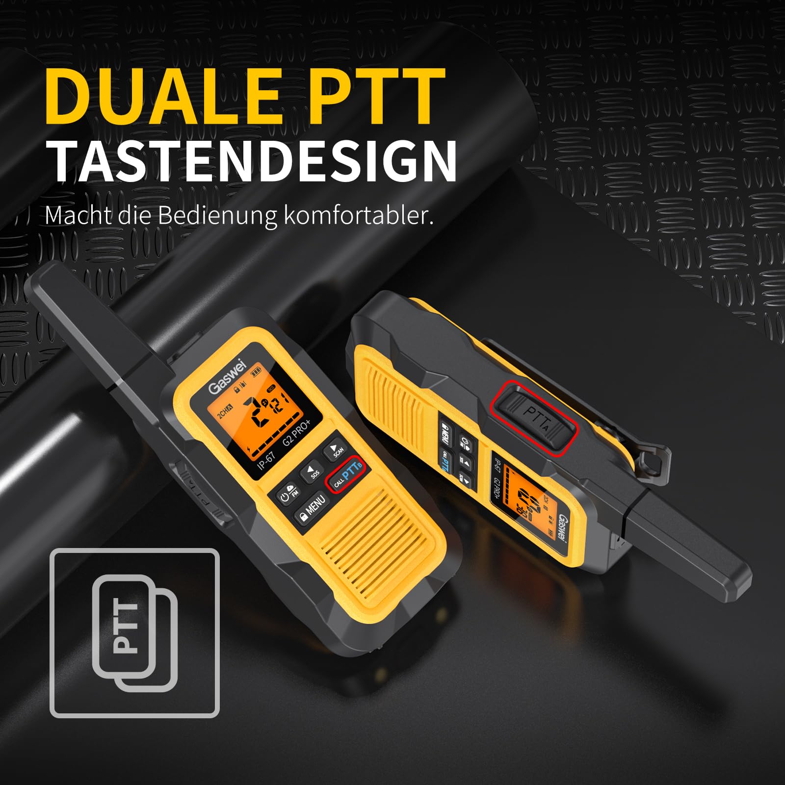 Gaswei G2Pro+ IP67 Wasserdicht Walkie Talkie FM Radio Hohe Reichweite | PMR 446 Profi Funkgerät Set mit VOX & SOS-Alarm,USB-C,Robust & langlebig ideal für Baustelle,Reisen,Camping & Outdoor