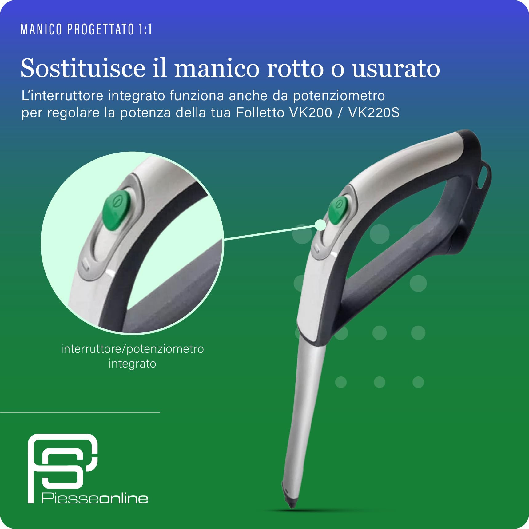 Manico Folletto VK200/220S con Interruttore Integrato, Robusto Ricambio Folletto compatibile con VK 200 e VK 220S, Ergonomico e Antiscivolo, Facile da Montare