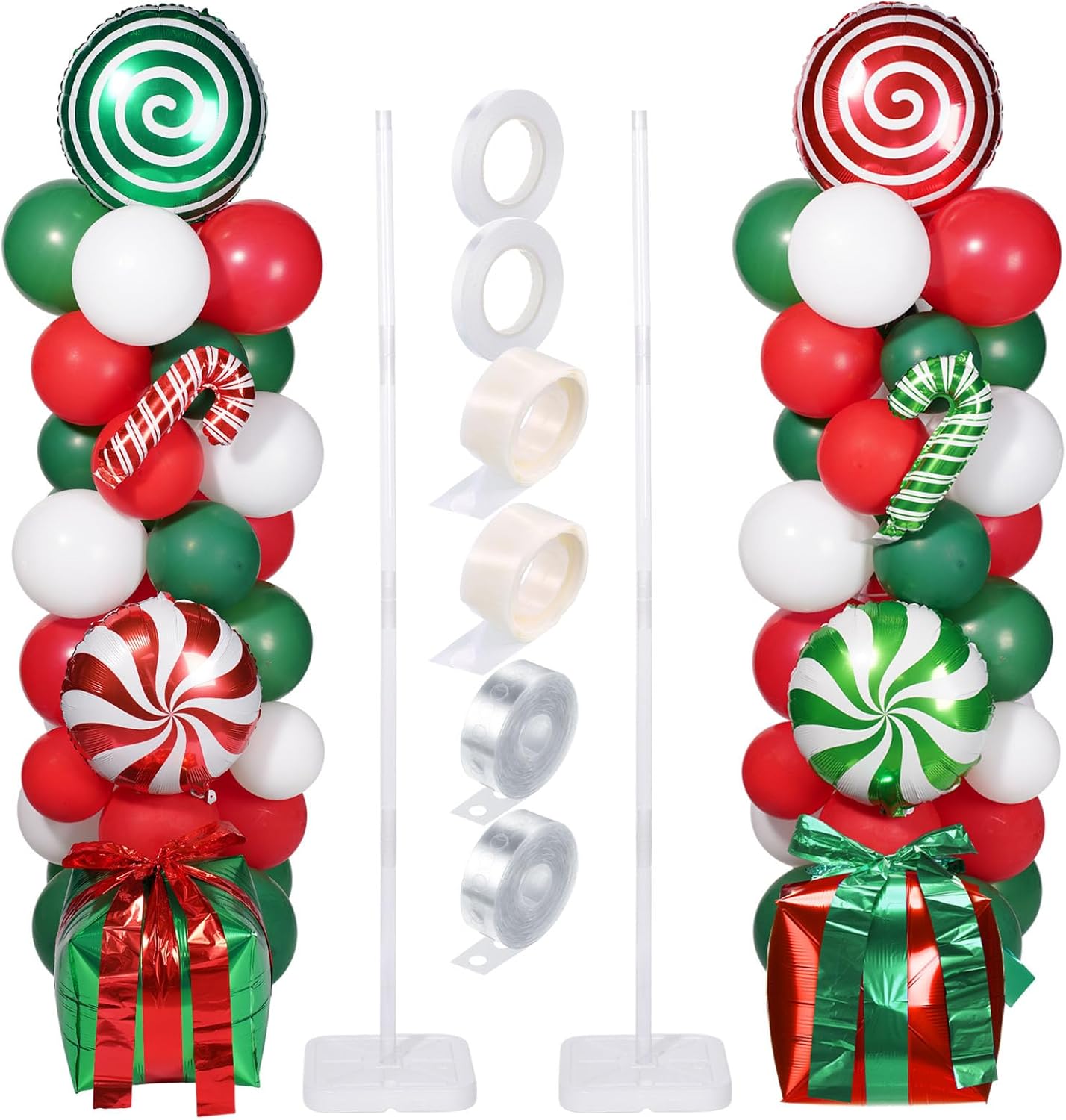 Realspring 132 Pcs Christmas Party Decorations Christmas Balloon Column Stand Kit Red Green White Candy Cane Gift Box Balloons for Xmas New Year Holiday Birthday Party Supplies