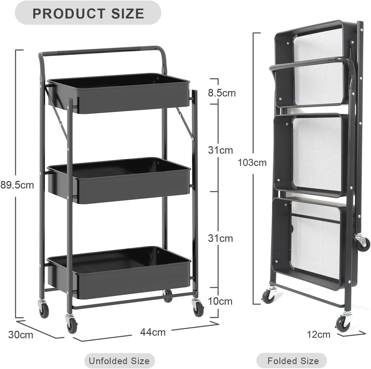 Deconation Desserte à roulettes Pliante Noire | Chariot De Cuisine Roulant Et Pliable 3 Niveaux De Rangement | H 90 Cm X L 40 Cm X P 30 Cm