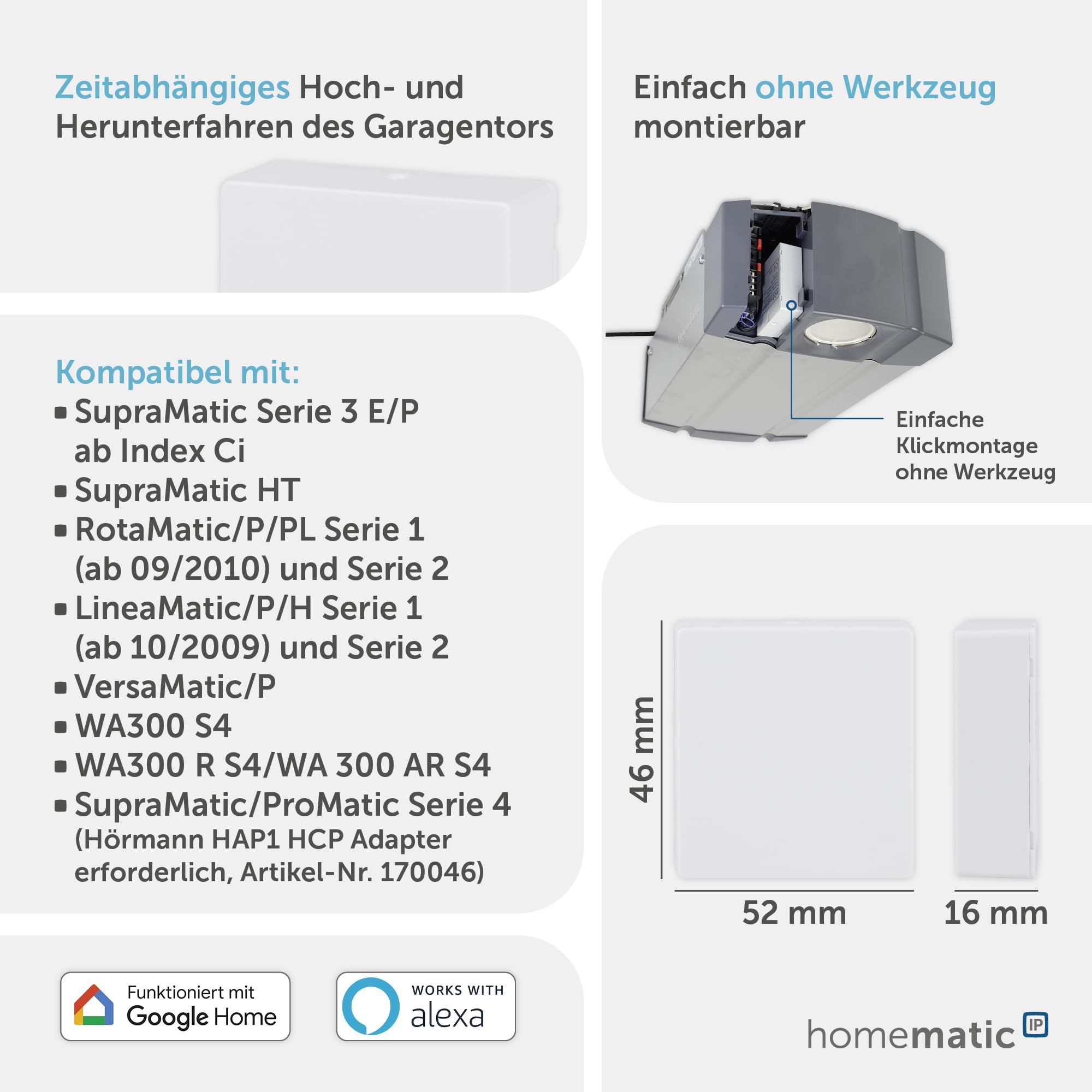 Homematic IP Smart Home Modul für Hörmann-Antriebe, Digitale Garagentorsteuerung per App, Alexa & Google Assistant, einfache Installation, für EIN Hörmann-Garagentorantrieb, 153986A0