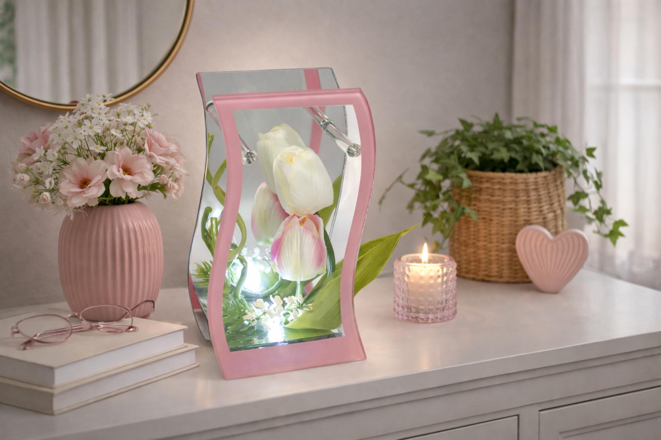 Kunstblume Tulpe mit LED-Licht im Spiegel-Glas Deko Aufsteller Tischdeko Wohndekoration Blumendeko Deko-Objekt Dekoration Skulptur Ornament Hochzeitsdeko Deko-Figur 3D Bild Geschenk Wohnaccessoire