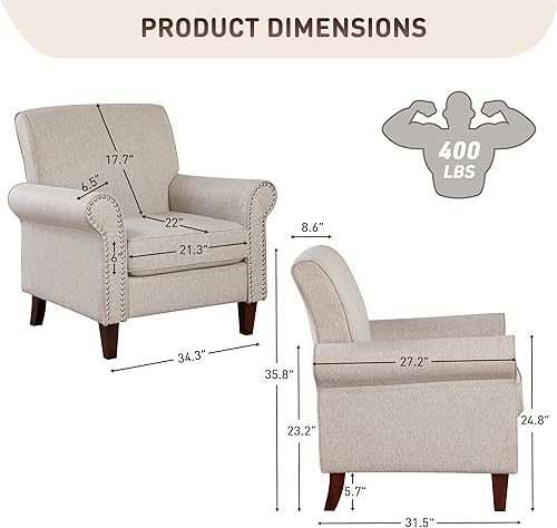 Miniatura 3 de Prilinex Silla tapizada para sala de estar, silla decorativa grande y cómoda de tela, sofá individual con cojín, reposabrazos enrollados y ribete de