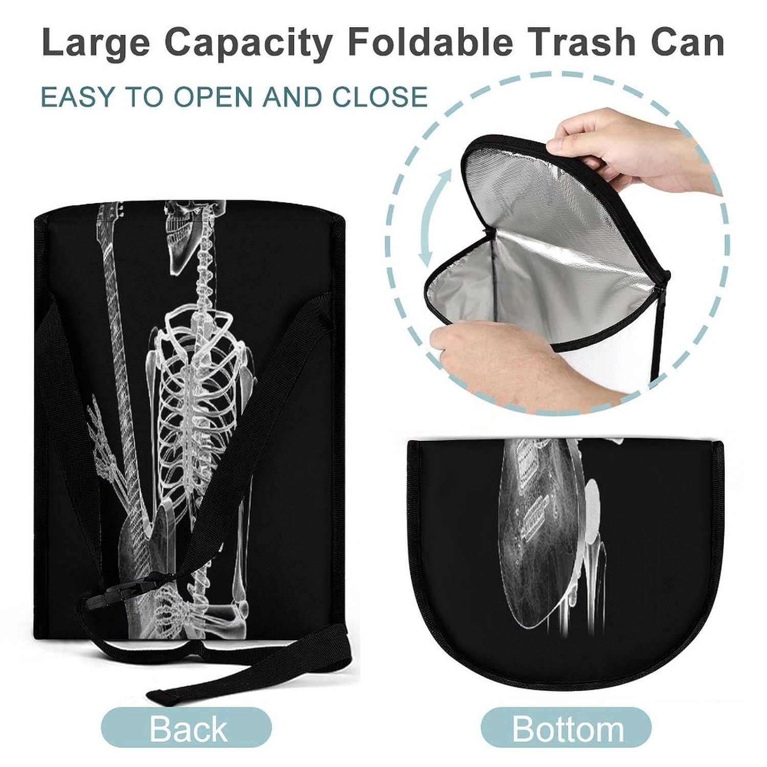 Abstract X-ray Skull Skeleton Playing Guitar Car Trash Can with Lid,Waterproof Automotive Garbage Can Leak Proof Car Trash Bag,Portable Auto Garbage Bag,Hanging Vehicle Trash Bin for Back/Front Seat