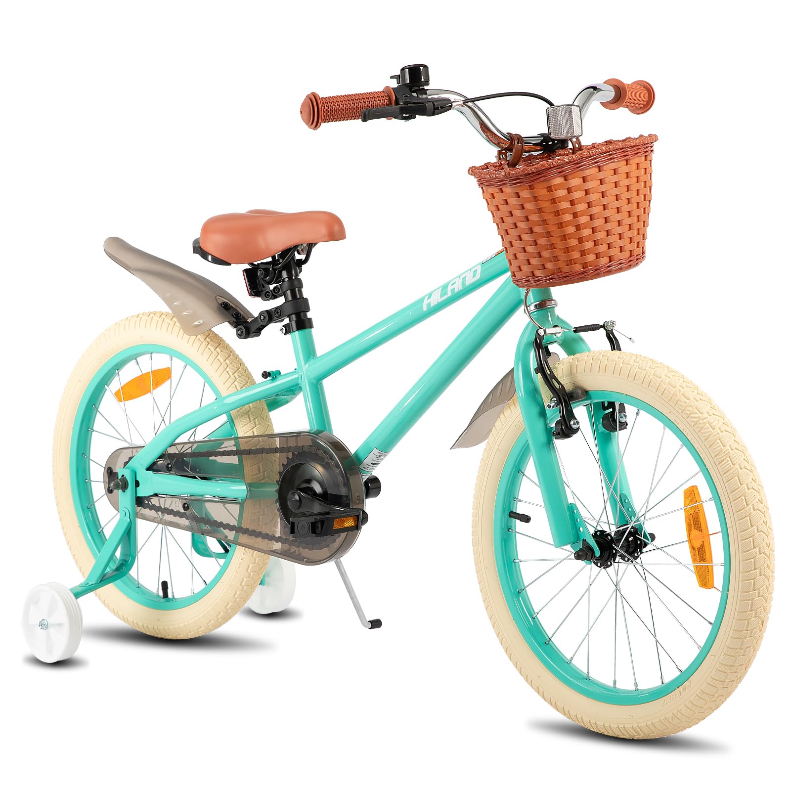 HILAND Spark Bicicletta Bambina 14/16/18 Pollici 3–9 Anni, Bicicletta Stile Vintage con Ruota di Supporto,con Cestino, Freno a Mano e Freno a Pedale, Rosa/Verde